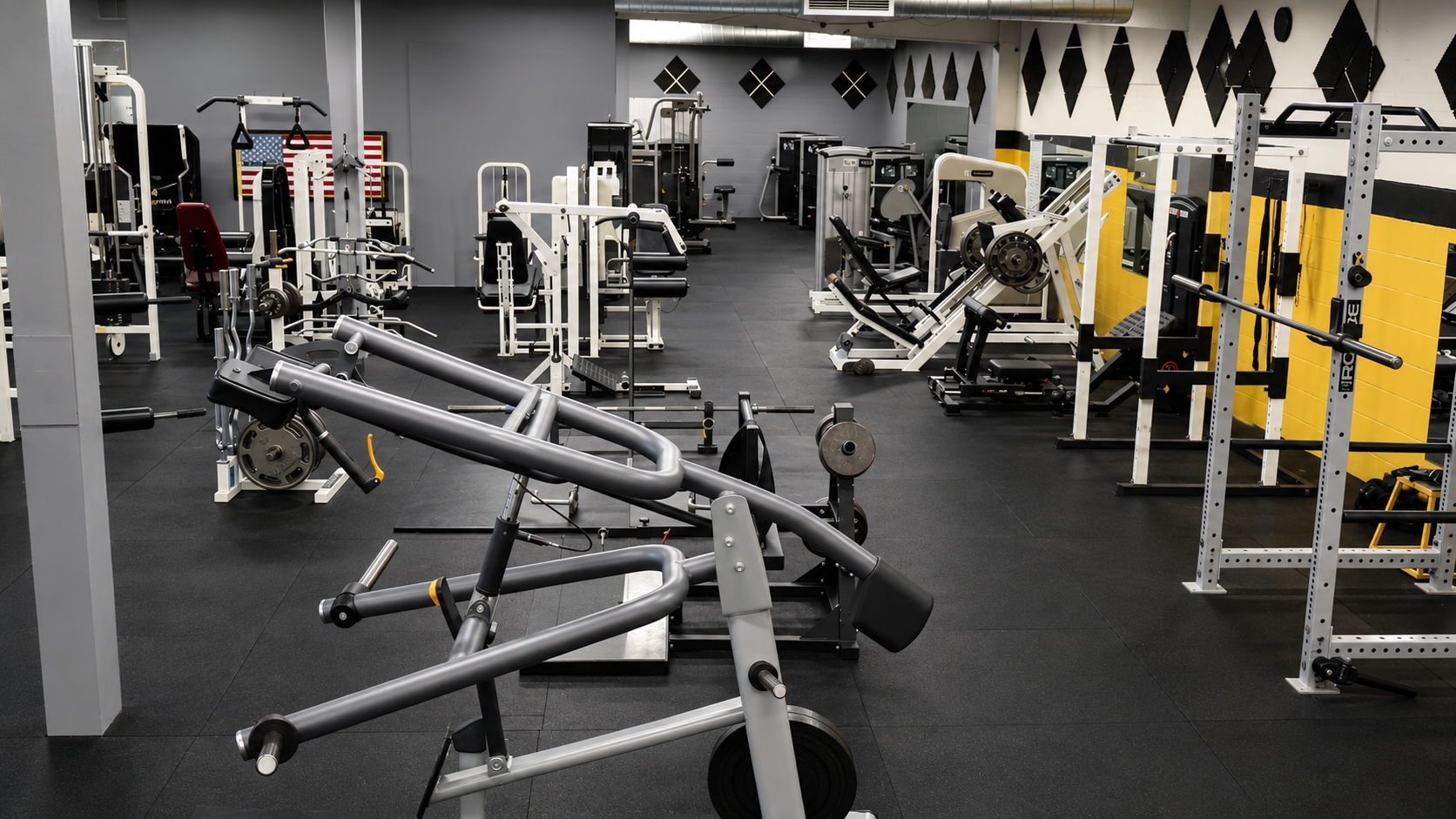 Plate-loaded equipment and squat racks on the main floor